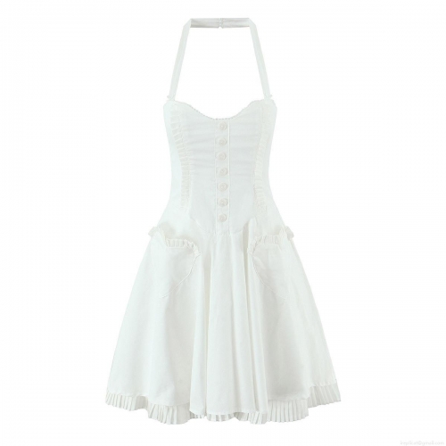 Women French Halter Mini Dress Cotton Polyester Blend Single Breasted Pleated Hem Dress For Summer Party Banquet Sexy Corset Style High Waist Elegant Dress