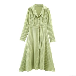 Women's Metallic Stripe Shirt Maxi Dress Long Sleeve Slim Fit Cargo Style With Belt Elegant Button Down Dress For Streetwear Casual Work