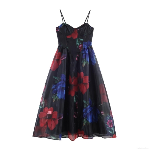 Women's Elegant Organza Floral Print Spaghetti Strap Dress Sexy Large Flower A-Line Swing Maxi Dress For Party Vacation Daily Wear