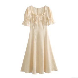 Women Square Neck Jacquard Midi Dress Elegant Puff Short Sleeve Ruffle Hem Pleated Slim Fit High Waist Back Zipper Polyester Textured Dress For Summer Party Daily Dating