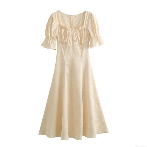 Women Square Neck Jacquard Midi Dress Elegant Puff Short Sleeve Ruffle Hem Pleated Slim Fit High Waist Back Zipper Polyester Textured Dress For Summer Party Daily Dating