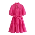 Women's Rose Red Polyester Floral Embossed Mini Dress Ruffle Stand Collar Short Puff Sleeve A-Line Tiered Cake Dress With Belt For Summer Vacation Party
