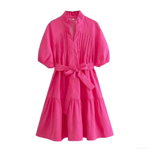 Women's Rose Red Polyester Floral Embossed Mini Dress Ruffle Stand Collar Short Puff Sleeve A-Line Tiered Cake Dress With Belt For Summer Vacation Party