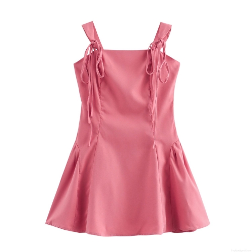 Women Sexy Pink Square Neck Camisole Mini Dress Bow Shoulder Straps Backless Lace Up A-Line Short Dress For Summer Vacation Party