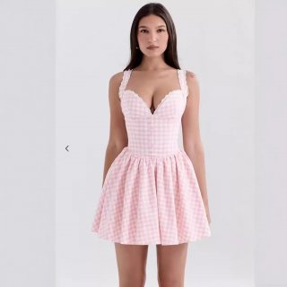 Women Sweet Pink White Plaid Mini Dress Lace Trim Sleeveless V-Neck A-Line Short Sundress French Vintage Style Polyester Summer Casual Dress For Dating Party