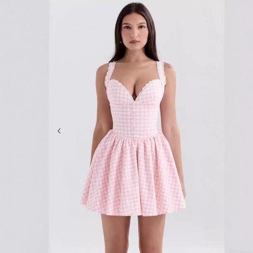 Women Sweet Pink White Plaid Mini Dress Lace Trim Sleeveless V-Neck A-Line Short Sundress French Vintage Style Polyester Summer Casual Dress For Dating Party
