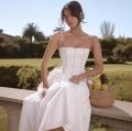 Elegant White Spaghetti Strap Maxi Dress For Women High Waist Corset Style A-Line Pleated Long Sundress For Summer Vacation Party Evening Wear
