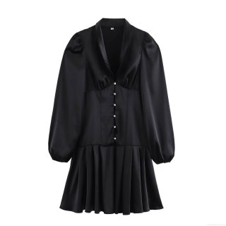 Women V-Neck Satin Mini Dress Long Sleeve Cinched Waist Pleated Cocktail Party Elegant Solid Black Polyester Pullover Dress For Ladies