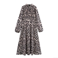 Elegant Women French Retro Leopard Print Maxi Dress Stand Collar Long Sleeve Pleated A-Line Polyester Long Dress With Belt For Autumn
