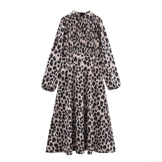 Elegant Women French Retro Leopard Print Maxi Dress Stand Collar Long Sleeve Pleated A-Line Polyester Long Dress With Belt For Autumn