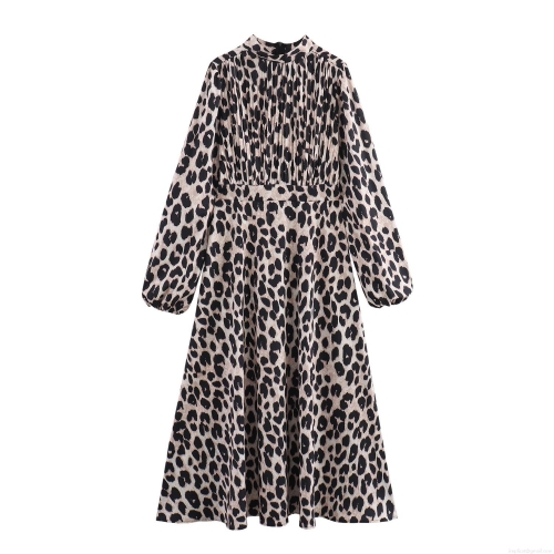 Elegant Women French Retro Leopard Print Maxi Dress Stand Collar Long Sleeve Pleated A-Line Polyester Long Dress With Belt For Autumn