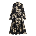 Women's Elegant Floral Print Shirt Dress Long Sleeve Turn-Down Collar Belted Maxi Dress For Office Commuting Party Lady