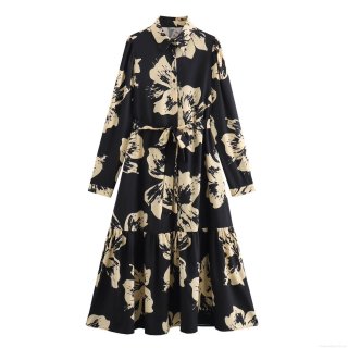Women's Elegant Floral Print Shirt Dress Long Sleeve Turn-Down Collar Belted Maxi Dress For Office Commuting Party Lady