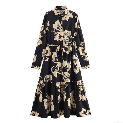 Women's Elegant Floral Print Shirt Dress Long Sleeve Turn-Down Collar Belted Maxi Dress For Office Commuting Party Lady
