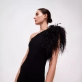 Elegant Black One Shoulder Feather Maxi Dress Slim Fit High Waist Back Slit Polyester Evening Gown For Women Lady Wedding Party Gala Banquet Celebrity Style Formal Long Dress