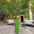 Women Sexy Strapless Tube Top Maxi Dress Knitted Pleated Slim Fit Bodycon Evening Gown Party Vacation Solid Color Grass Green Long Dress