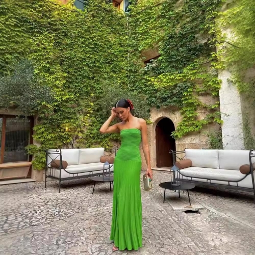 Women Sexy Strapless Tube Top Maxi Dress Knitted Pleated Slim Fit Bodycon Evening Gown Party Vacation Solid Color Grass Green Long Dress