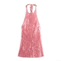 Sexy Pink Sequined Halter Dress Backless Mini Party Dress For Women Clubwear Evening Gown Sparkly Sleeveless High Waist Short Dress