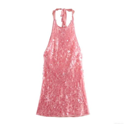 Sexy Pink Sequined Halter Dress Backless Mini Party Dress For Women Clubwear Evening Gown Sparkly Sleeveless High Waist Short Dress