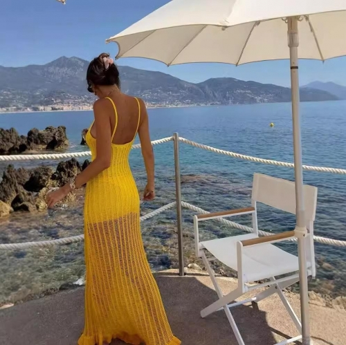 Women Sexy V-Neck Hollow Out Knit Polyester Maxi Dress Sleeveless Slim Fit Ruffle Hem Boho Beach Vacation Resort Long Cami Dress