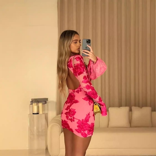 Sexy Backless Flare Sleeve Floral Embroidery Mini Dress For Women Elegant Polyester Mesh Bodycon Party Evening Short Dress