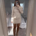 Women's Sexy Hollow Out Crochet Knit Mini Dress Long Sleeve Round Neck Bodycon Polyester Solid Color Short Dress For Party Dating Clubwear