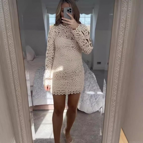 Women's Sexy Hollow Out Crochet Knit Mini Dress Long Sleeve Round Neck Bodycon Polyester Solid Color Short Dress For Party Dating Clubwear