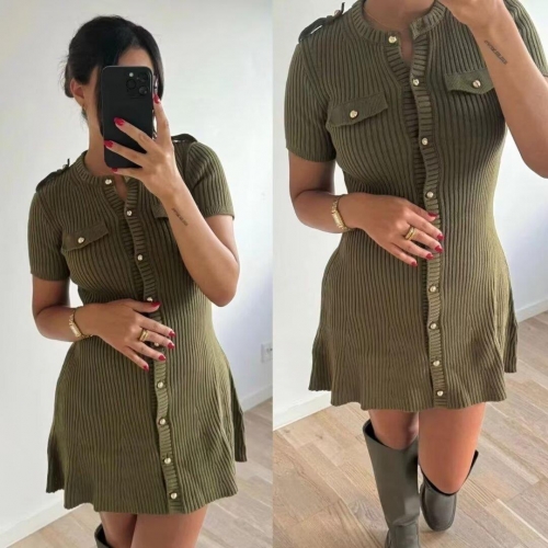 Women's Elegant Ribbed Knit Mini Dress V-Neck Short Sleeve Gold Button Pocket Decor Olive Green Chic Sweater Dress For Autumn Winter