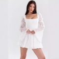 Women Elegant White Lace Mini Dress Square Neck Puff Long Sleeve High Waist A-Line Floral Embroidery Sexy French Style Party Short Dress