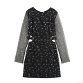 Women Sexy Hollow Out Mini Dress Star Print Mesh Long Sleeve Round Neck Party Nightclub Bodycon Dress Starry Sky A-Line Stamped Dress