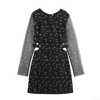 Women Sexy Hollow Out Mini Dress Star Print Mesh Long Sleeve Round Neck Party Nightclub Bodycon Dress Starry Sky A-Line Stamped Dress