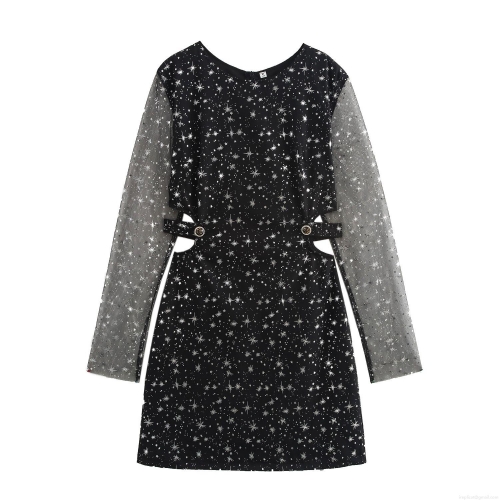 Women Sexy Hollow Out Mini Dress Star Print Mesh Long Sleeve Round Neck Party Nightclub Bodycon Dress Starry Sky A-Line Stamped Dress