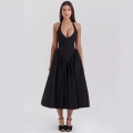 Women's Sexy Deep V Neck Halter Backless Pleated Maxi Dress Solid Color Polyester Puffy A-Line Evening Party Long Dress For Ladies