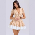 Women Sexy Deep V Neck Floral Print Mini Dress Puff Sleeve Fishbone Waist A-Line Party Summer Dress With White Lace Hem