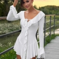 Sexy White V Neck Ruffle Mini Dress Elegant Long Sleeve Tie Front High Waist Short Dresses For Women Party Vacation Clubwear Slim Fit Polyester Dress