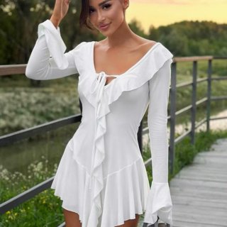 Sexy White V Neck Ruffle Mini Dress Elegant Long Sleeve Tie Front High Waist Short Dresses For Women Party Vacation Clubwear Slim Fit Polyester Dress