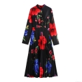 Women's Elegant Floral Print Pleated Maxi Dress Long Sleeve Mock Neck High Waist Polyester Party Dress with Gold Buttons