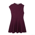 Women's Elegant French Style Knitted Mini Dress Sleeveless High Neck Ribbed Waist Cinching Burgundy A-Line Short Dress For Party Dating Daily Wear