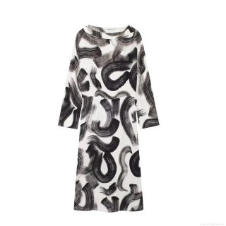 Women Elegant 100% Polyester Maxi Dress Abstract Black White Brushstroke Print Round Neck Long Sleeve Loose Fit Casual Artistic Retro Long Skirt For Party Holiday
