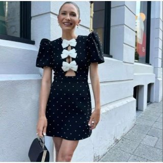Women's Retro Polka Dot Mini Dress Sweet Puff Sleeve Bow Decoration Hollow Out Elegant Slim Fit Bodycon Party Short Dress
