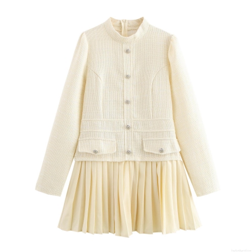 French Chanel Style Tweed Dress Elegant Fake Two-Piece Long Sleeve Pleated Mini Dress With Silver Metal Buttons For Women Vintage Party Daily Wear Dress