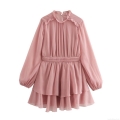 Sweet Pink Chiffon Dress Ruffle Stand Neck Long Sleeve High Waist Layered A-Line Mini Dress Elegant Flowy Party Wear For Women