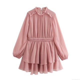 Sweet Pink Chiffon Dress Ruffle Stand Neck Long Sleeve High Waist Layered A-Line Mini Dress Elegant Flowy Party Wear For Women