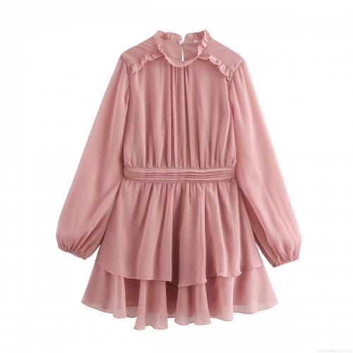 Sweet Pink Chiffon Dress Ruffle Stand Neck Long Sleeve High Waist Layered A-Line Mini Dress Elegant Flowy Party Wear For Women