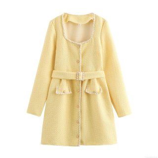 Elegant French Style Yellow Tweed Mini Dress With Pearl Belt Square Neck Long Sleeve Polyester A-Line Slim Fit Dress For Women Party Daily Wear