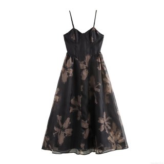 French Vintage Floral Print Organza Cami Maxi Dress With Backless Large Swing For Women Elegant Retro Vacation Party Dress