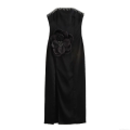 Sexy Strapless Bodycon Maxi Dress with 3D Satin Flower Rhinestone Fringe Elegant Black Satin Evening Gown for Banquet Wedding Party Women