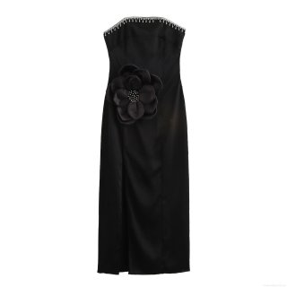 Sexy Strapless Bodycon Maxi Dress with 3D Satin Flower Rhinestone Fringe Elegant Black Satin Evening Gown for Banquet Wedding Party Women