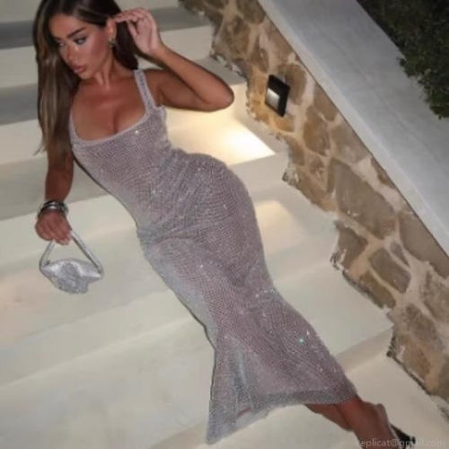 Women's Sexy Rhinestone Mesh Maxi Dress Sleeveless Backless Bodycon Party Evening Clubwear Gown With Mesh Detail