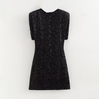 Elegant Women Round Neck Backless Sequined Mini Dress Sleeveless Sparkling Polyester Evening Party Cocktail Bodycon Club Dress